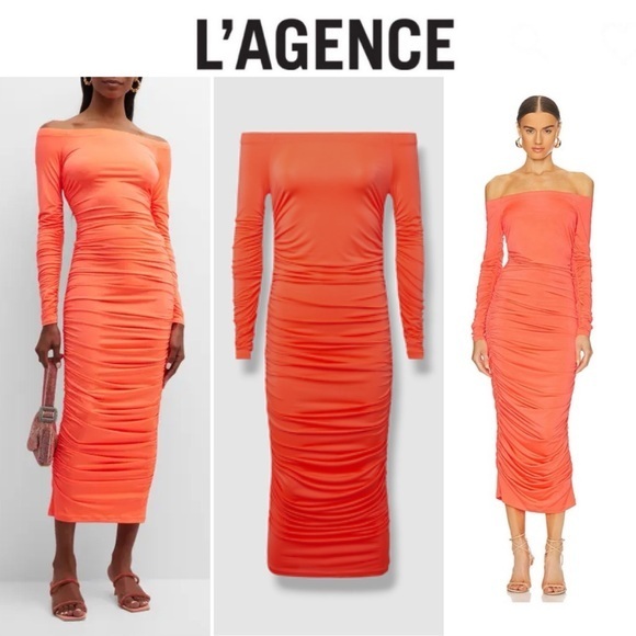 L'AGENCE Kamali Ruched Off-Shoulder Orange Neon Bodycon Dress XS NWT 460$